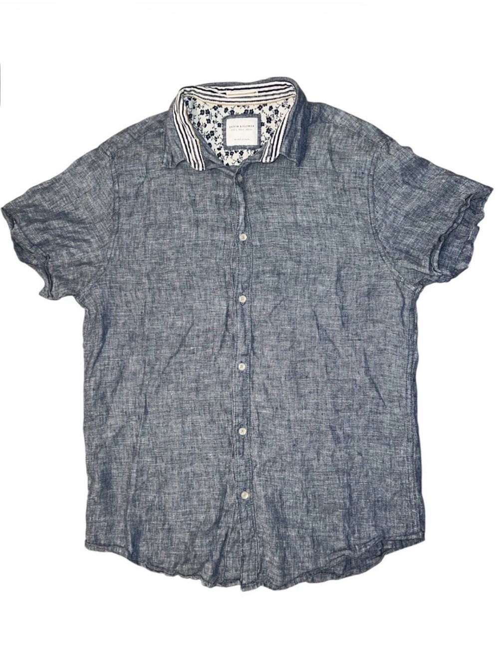 Denim & Flower Men's Short Sleeve Linen Button-Down Shirt in Chambray Blue